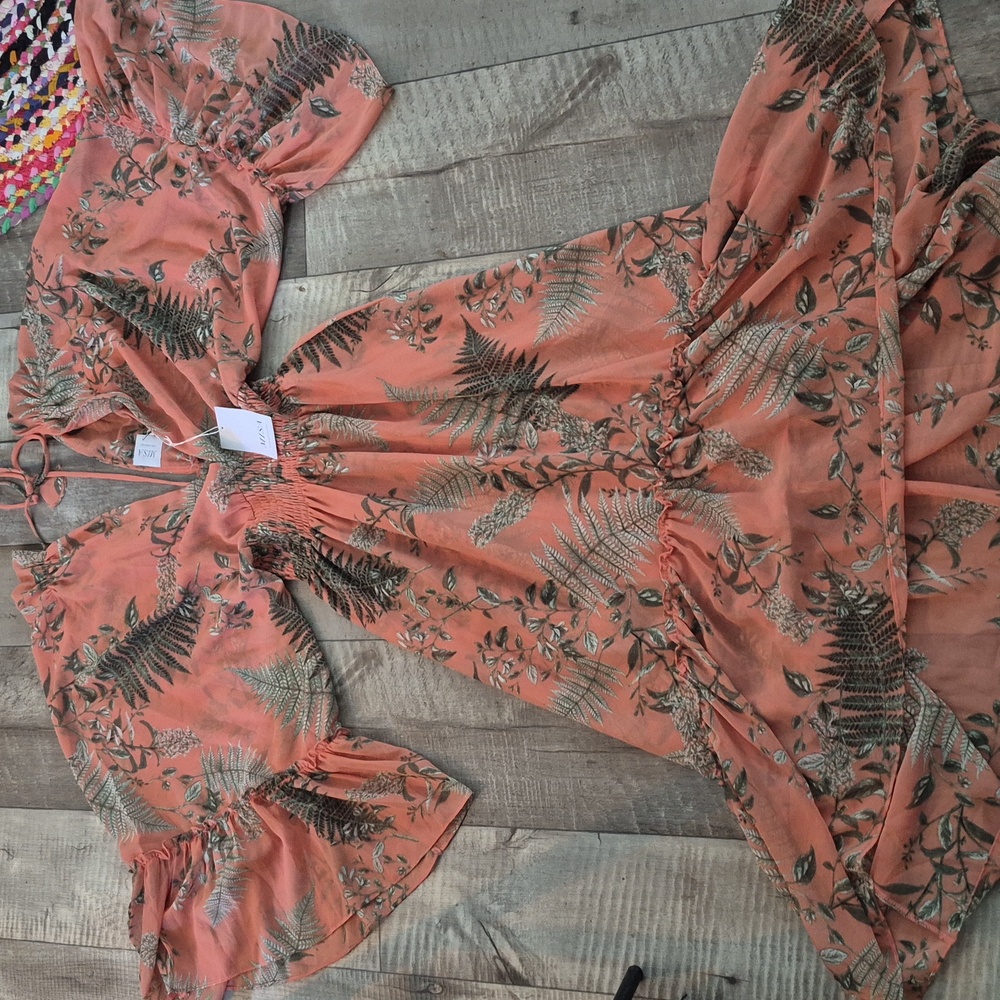 MISA Maxi Dress Floral Leaf Print Kimono Sleeves Peach XS-M NWT